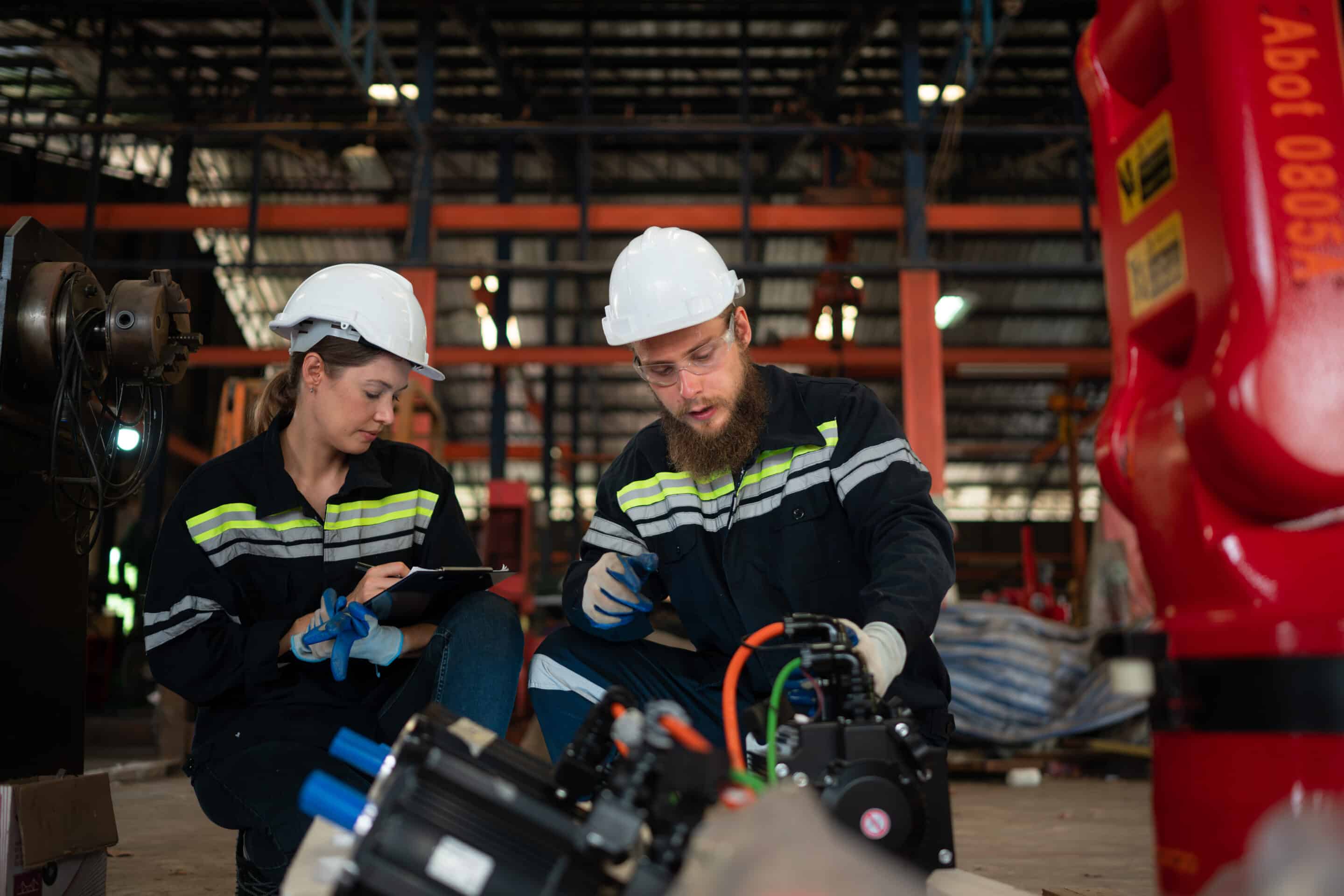 Two engineers wearing safety uniforms and white helmets work together on installing industrial equipment in a factory, illustrating the use of OEE software to improve manufacturing efficiency and monitor production performance.