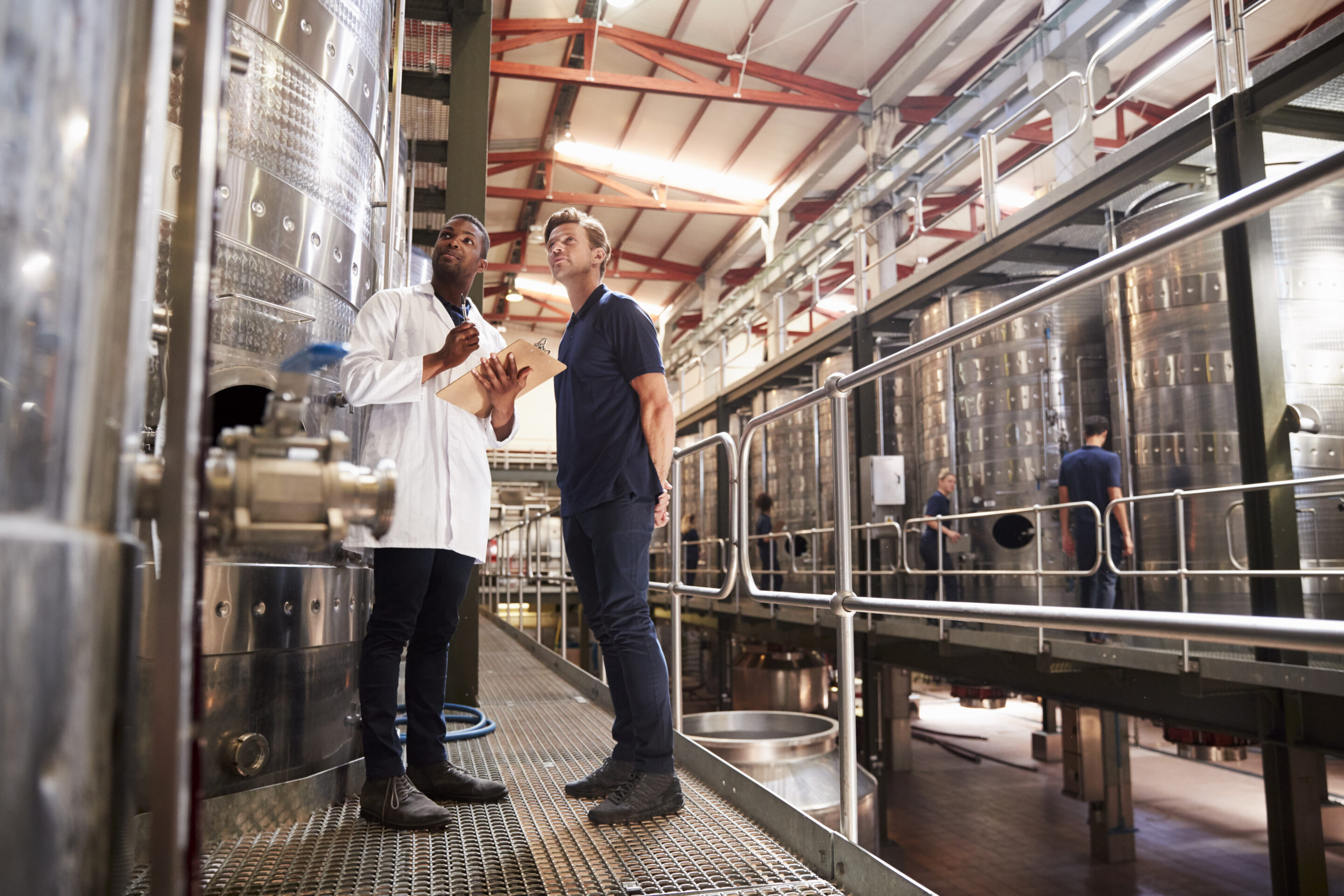Two male technicians working at a wine factory, low angle Opérateurs discutant performance production sur ligne agroalimentaire en temps réel