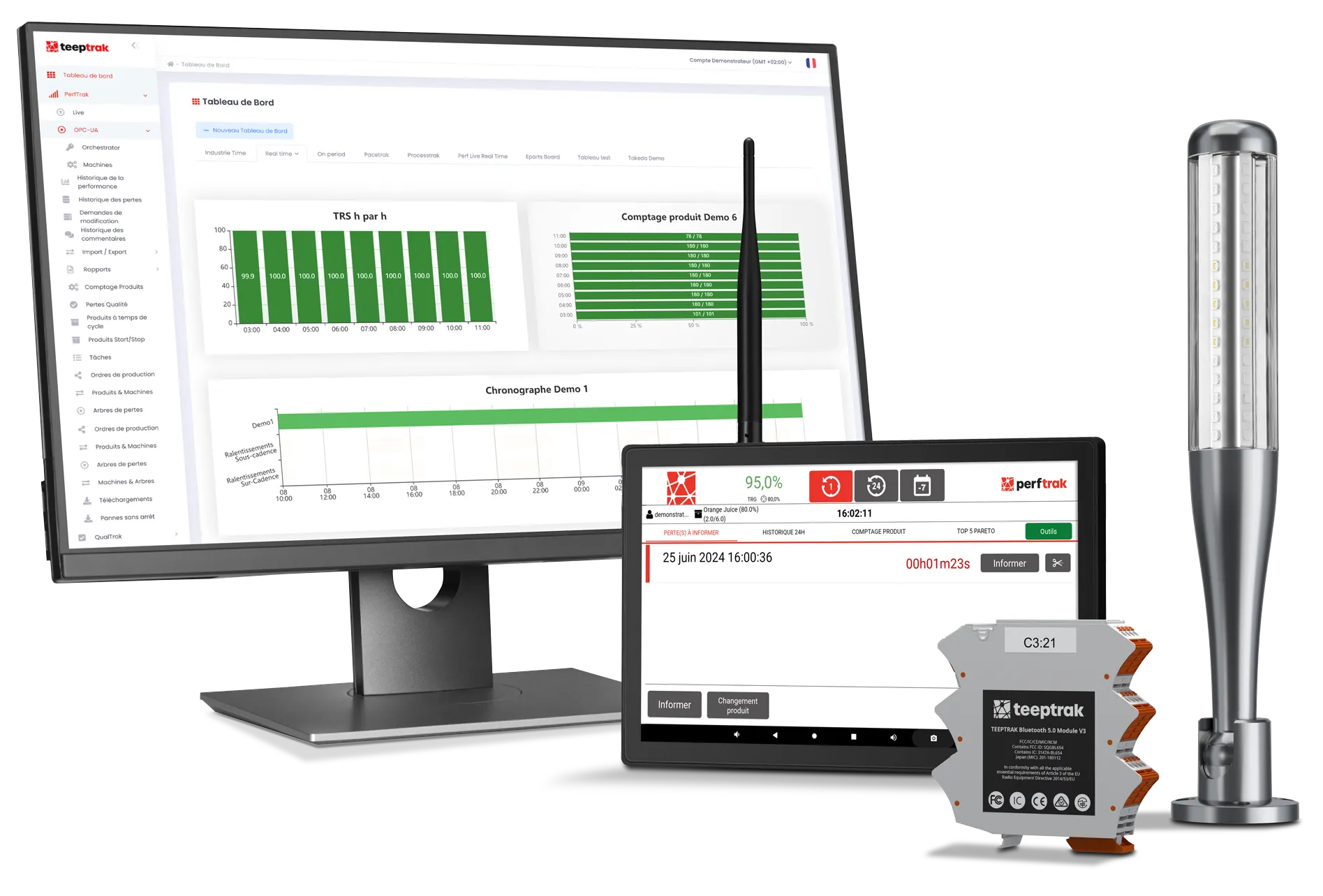 Hardware TeepTrak - tabletă, modul senzor și turn andon